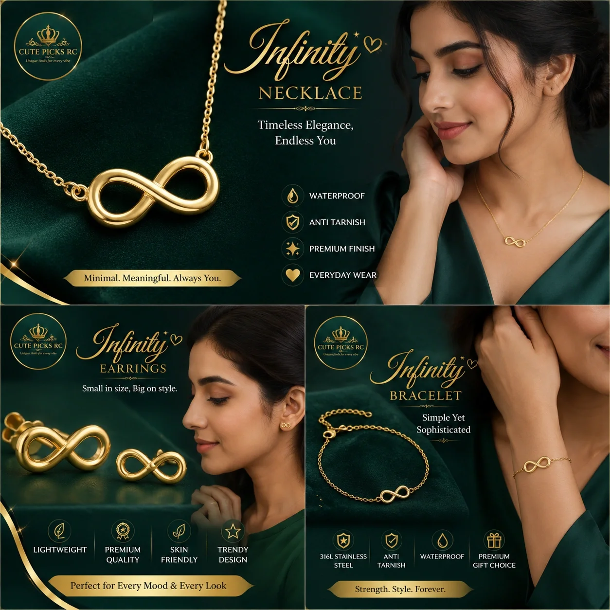 Infinity Jewellery Combo – Necklace, Earrings & Bracelet Set